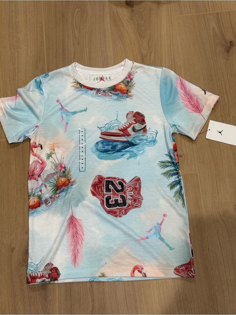 Jordan Kids Light Blue Tropical Graphic Tee with Pink & Red Accents